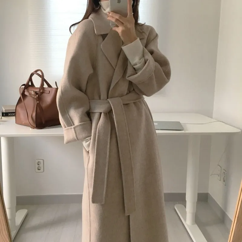 Aachoae Women Elegant Long Wool Coat With Belt Long Sleeve Overcoat