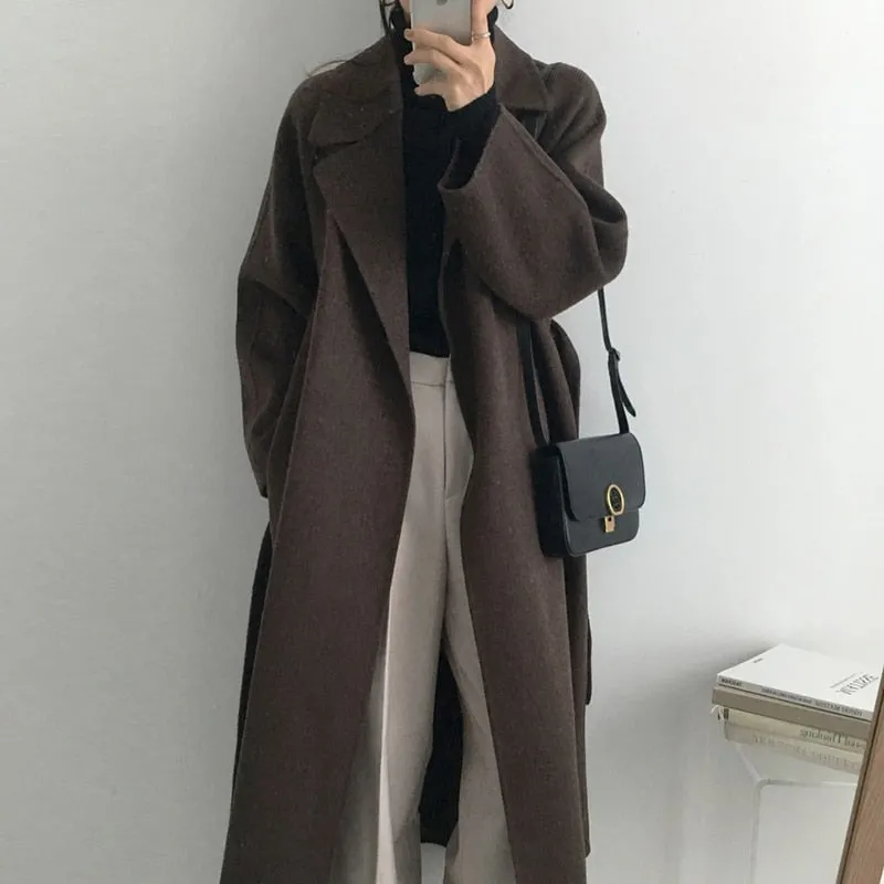 Aachoae Women Elegant Long Wool Coat With Belt Long Sleeve Overcoat