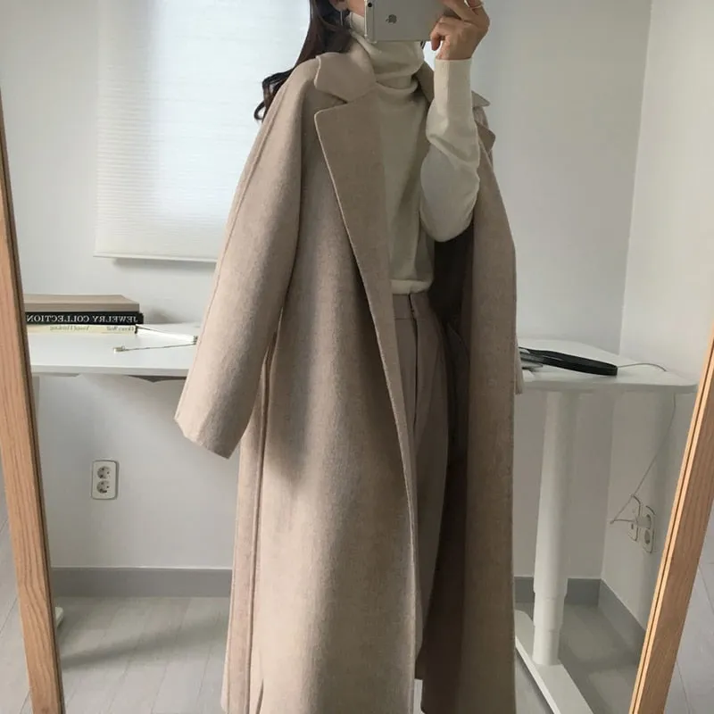 Aachoae Women Elegant Long Wool Coat With Belt Long Sleeve Overcoat