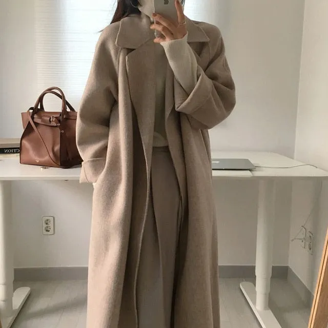 Aachoae Women Elegant Long Wool Coat With Belt Long Sleeve Overcoat