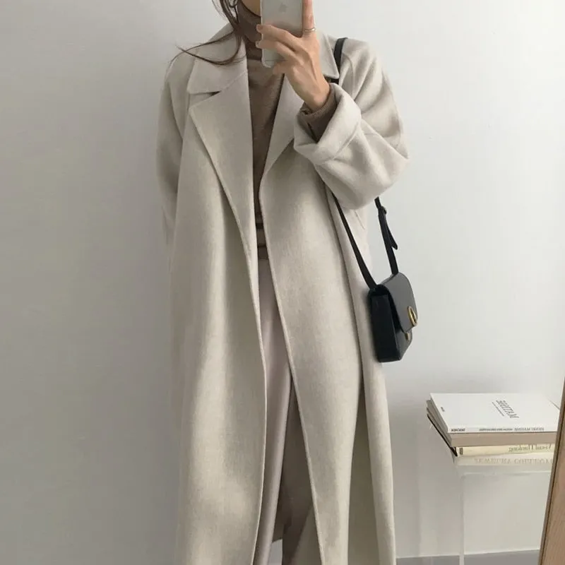 Aachoae Women Elegant Long Wool Coat With Belt Long Sleeve Overcoat