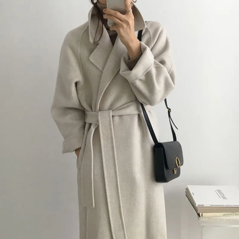 Aachoae Women Elegant Long Wool Coat With Belt Long Sleeve Overcoat