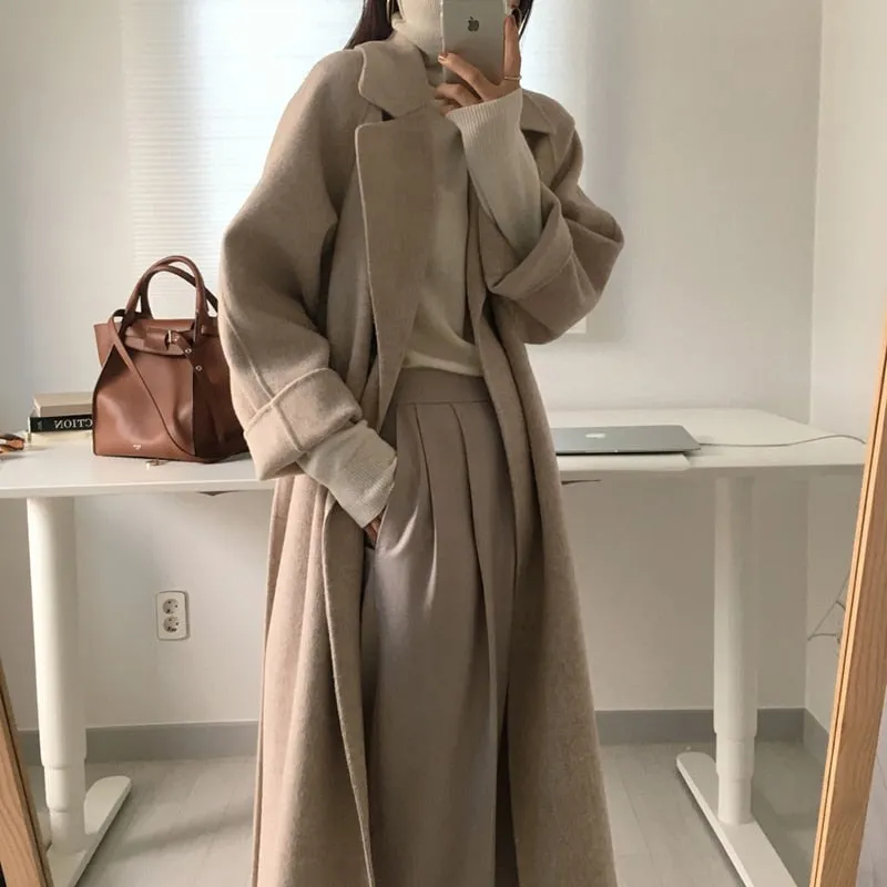 Aachoae Women Elegant Long Wool Coat With Belt Long Sleeve Overcoat