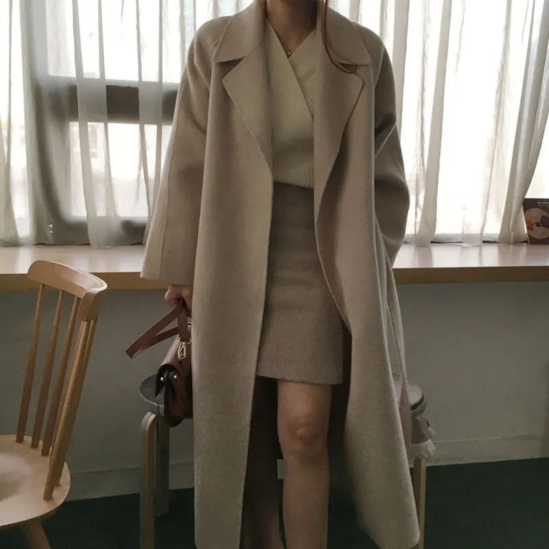 Aachoae Women Elegant Long Wool Coat With Belt Long Sleeve Overcoat