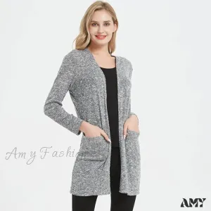 Amy Fashion - Women Long Sleeve Elegant Pocket Knitted Outerwear Sweater