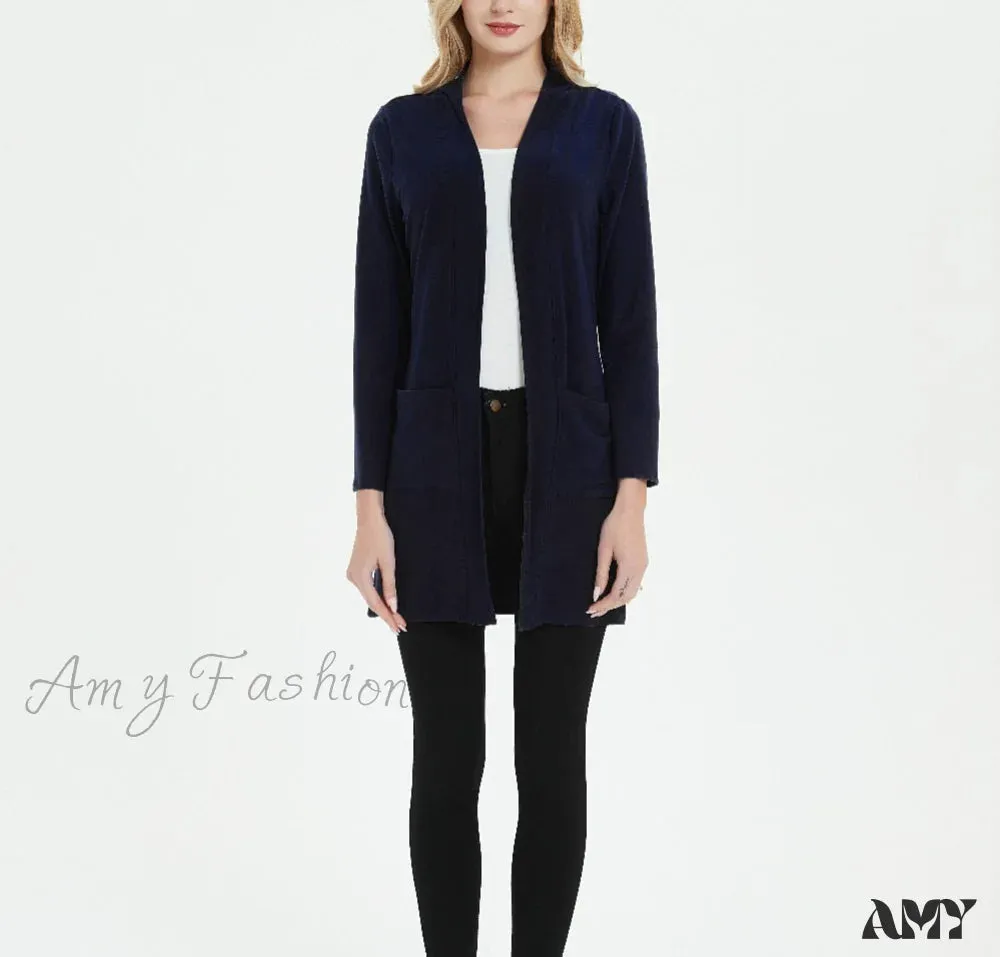 Amy Fashion - Women Long Sleeve Elegant Pocket Knitted Outerwear Sweater