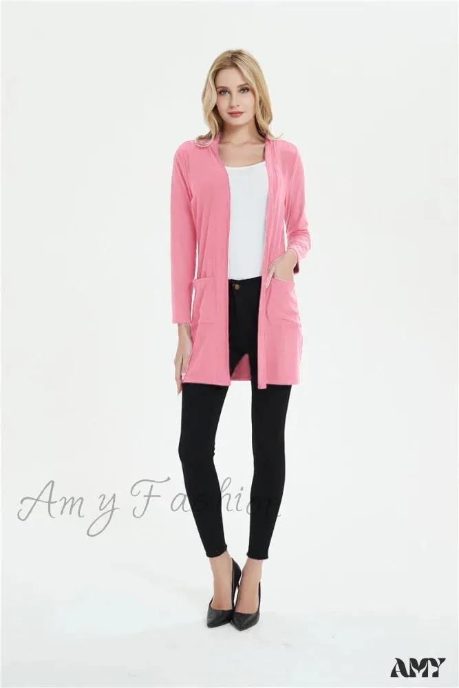 Amy Fashion - Women Long Sleeve Elegant Pocket Knitted Outerwear Sweater