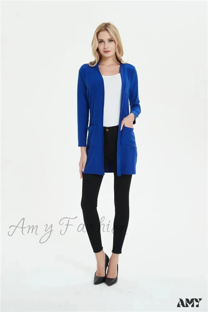 Amy Fashion - Women Long Sleeve Elegant Pocket Knitted Outerwear Sweater