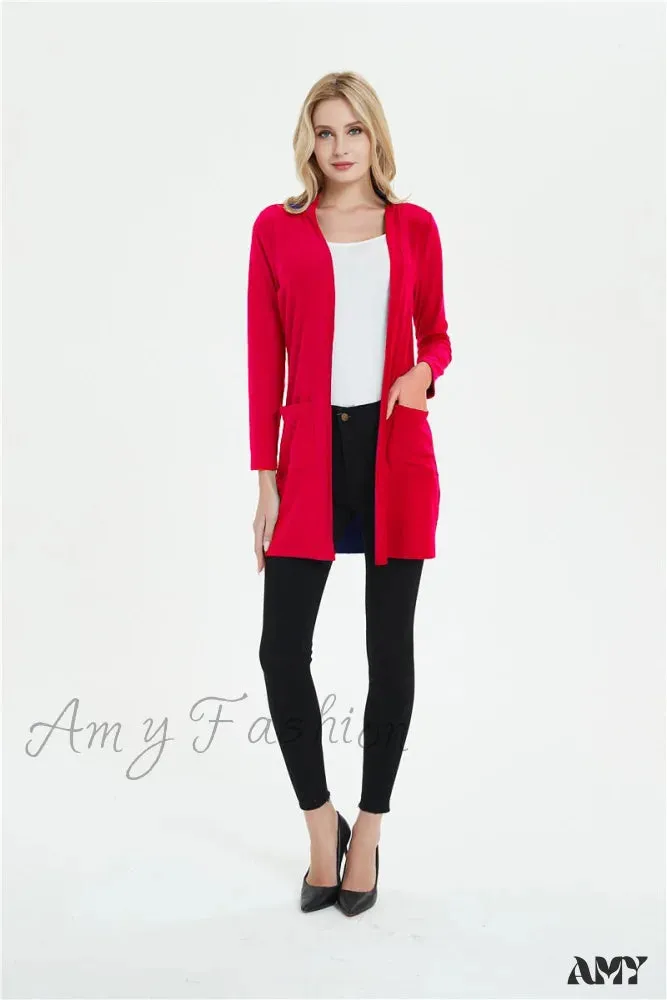 Amy Fashion - Women Long Sleeve Elegant Pocket Knitted Outerwear Sweater