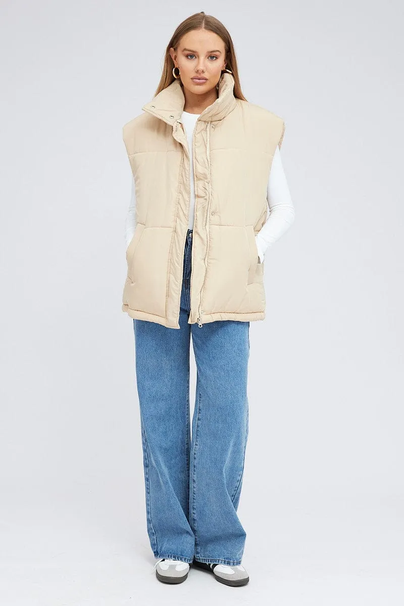 Beige Puffer Sleeveless Zip Thru