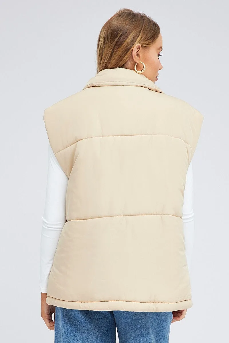 Beige Puffer Sleeveless Zip Thru