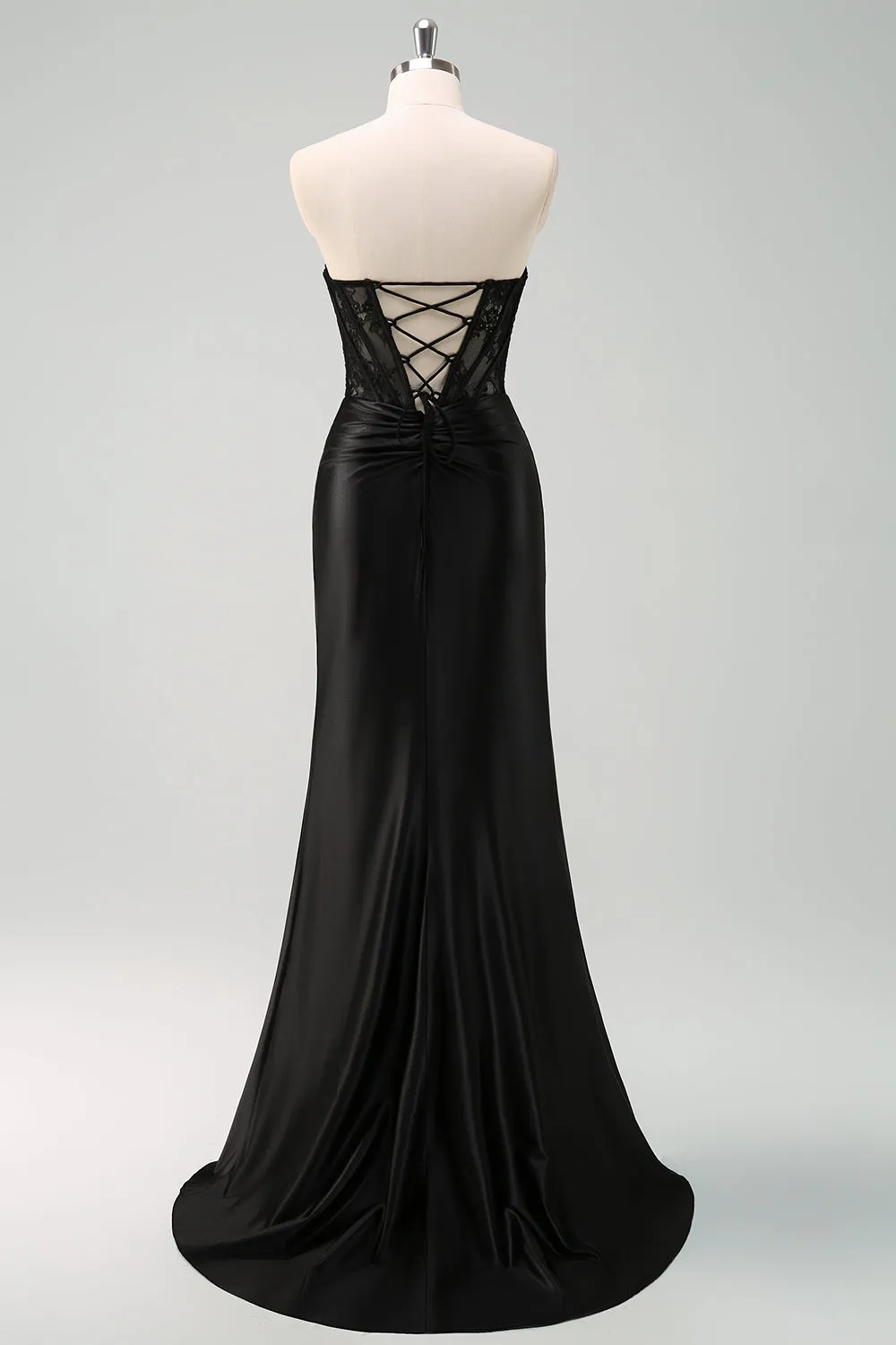 Black Corset Strapless Satin Mermaid Maxi Dress