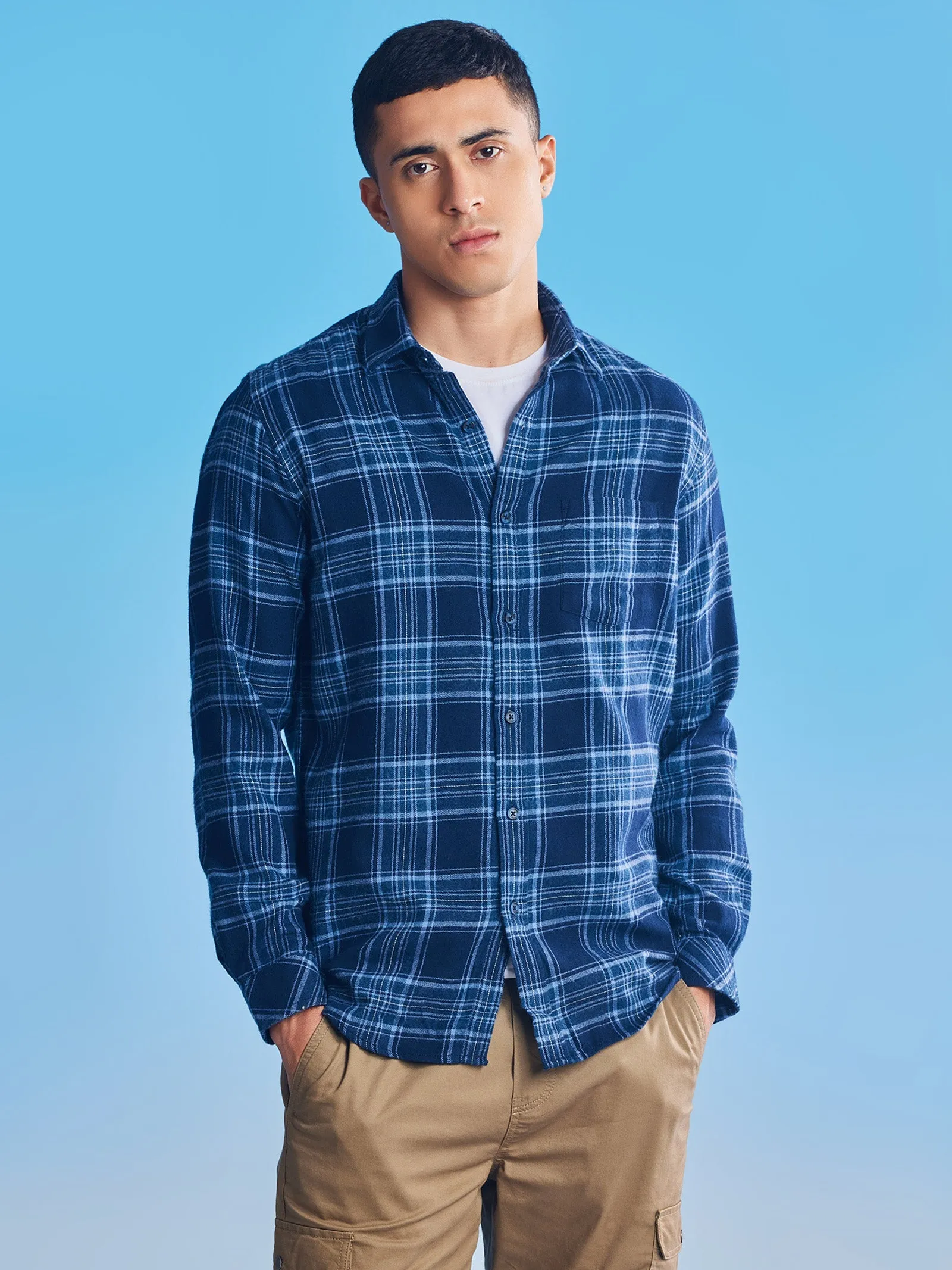 Blue Brushed Checked Shirt