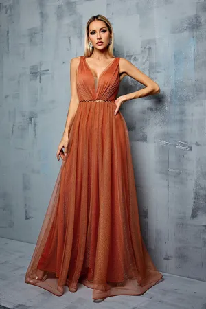 Brown A Line V Neck Spaghetti Straps Tulle Maxi Dress