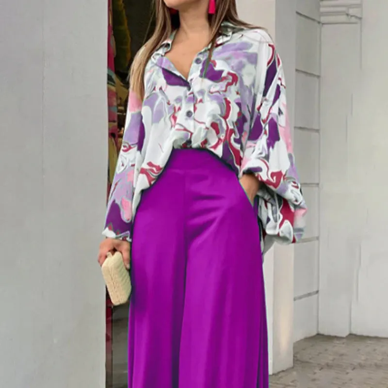 Casual printed shirt elegant wide-leg pants set