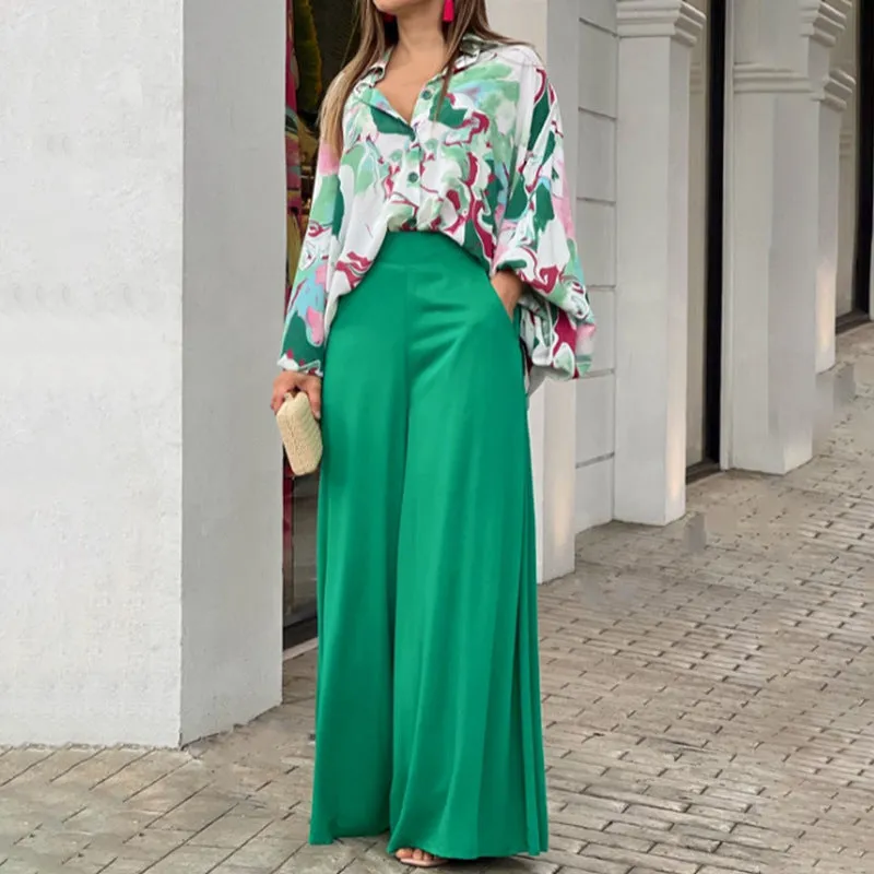 Casual printed shirt elegant wide-leg pants set