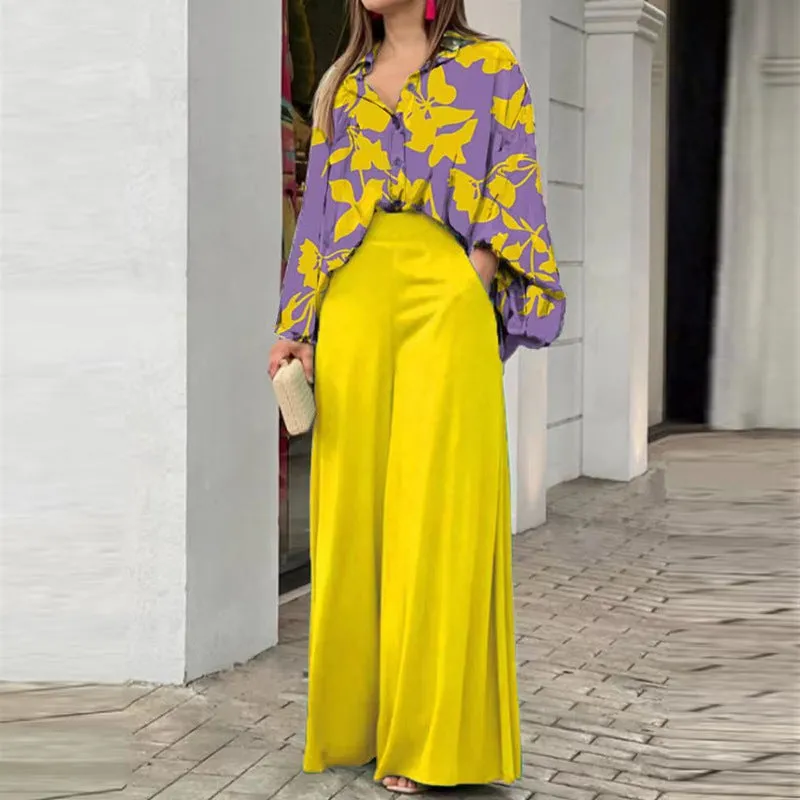 Casual printed shirt elegant wide-leg pants set