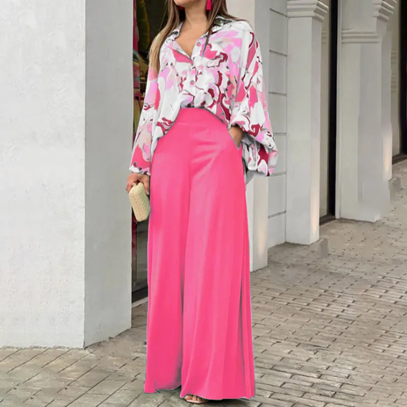 Casual printed shirt elegant wide-leg pants set