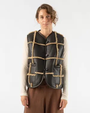 Cawley Checked Ella Vest with Leather Back and Straight Hair Sheepskin in Chocolate/Tan