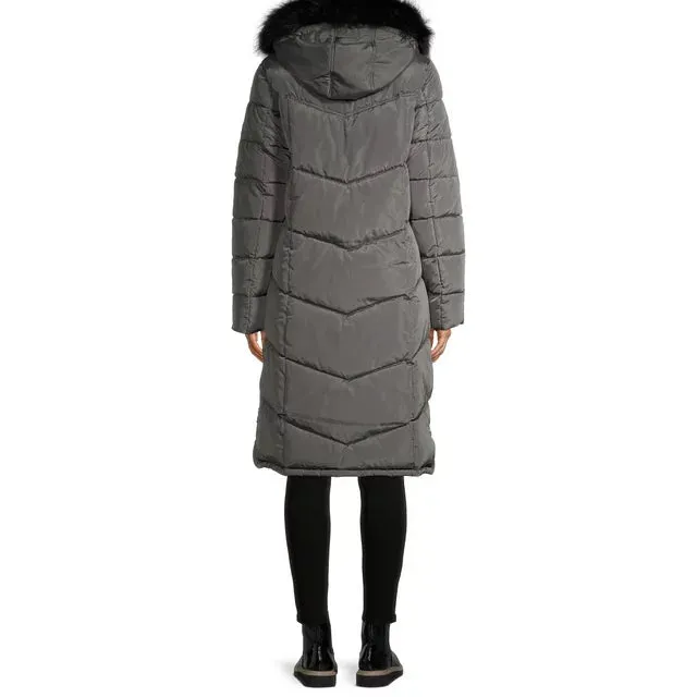 Chevron Quilted Maxi Coat with Faux Fur Hood Mid Grey