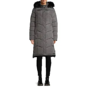 Chevron Quilted Maxi Coat with Faux Fur Hood Mid Grey