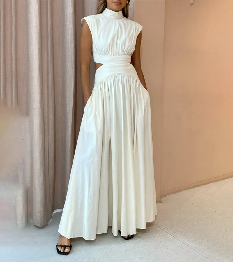 Chic Stand Collar Sleeveless Sexy Waist Maxi Dress