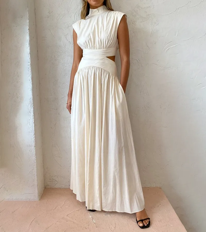 Chic Stand Collar Sleeveless Sexy Waist Maxi Dress