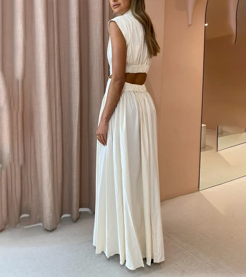 Chic Stand Collar Sleeveless Sexy Waist Maxi Dress