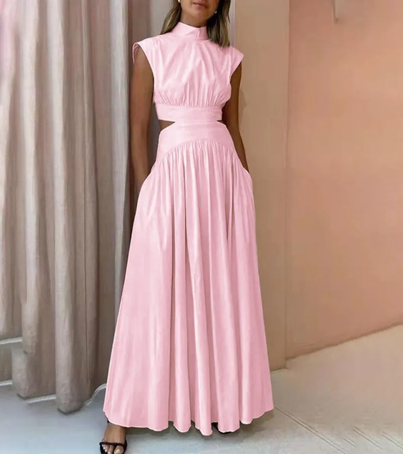 Chic Stand Collar Sleeveless Sexy Waist Maxi Dress