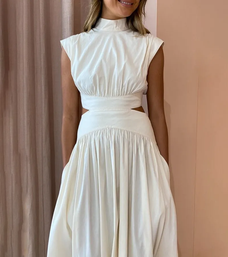 Chic Stand Collar Sleeveless Sexy Waist Maxi Dress