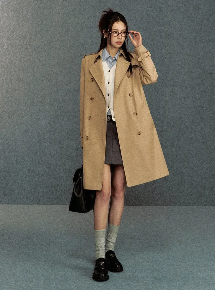 Classic Double-Breasted Trench Coat: Elegant Belted Outerwear for Women