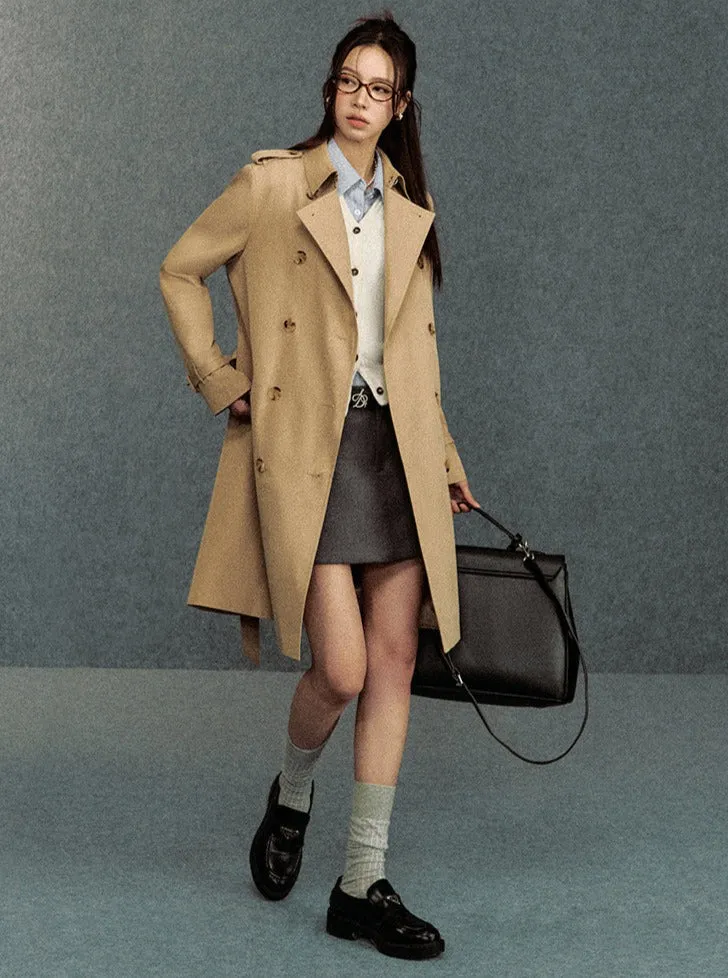 Classic Double-Breasted Trench Coat: Elegant Belted Outerwear for Women