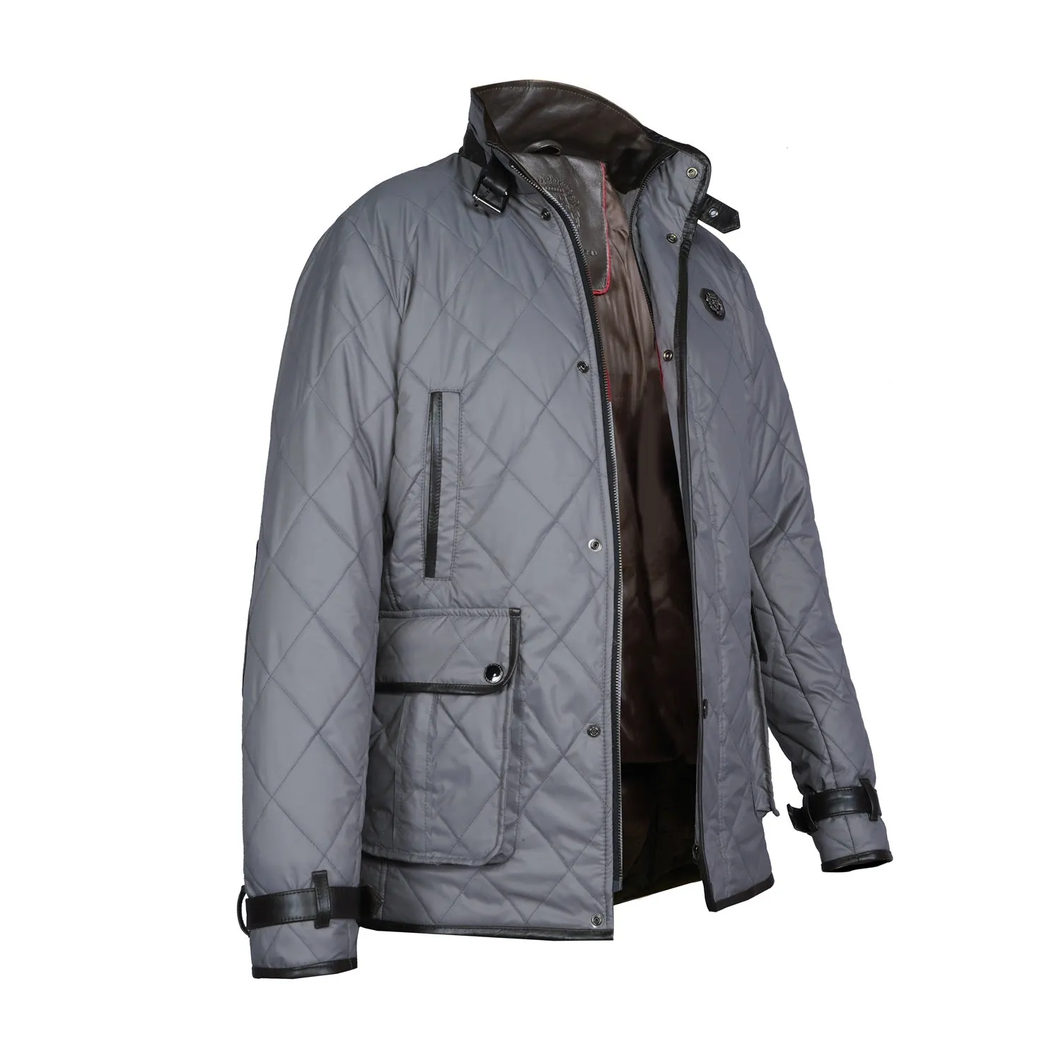 Contrasting Leather Trims Grey Puffer Coat Jacket For Men