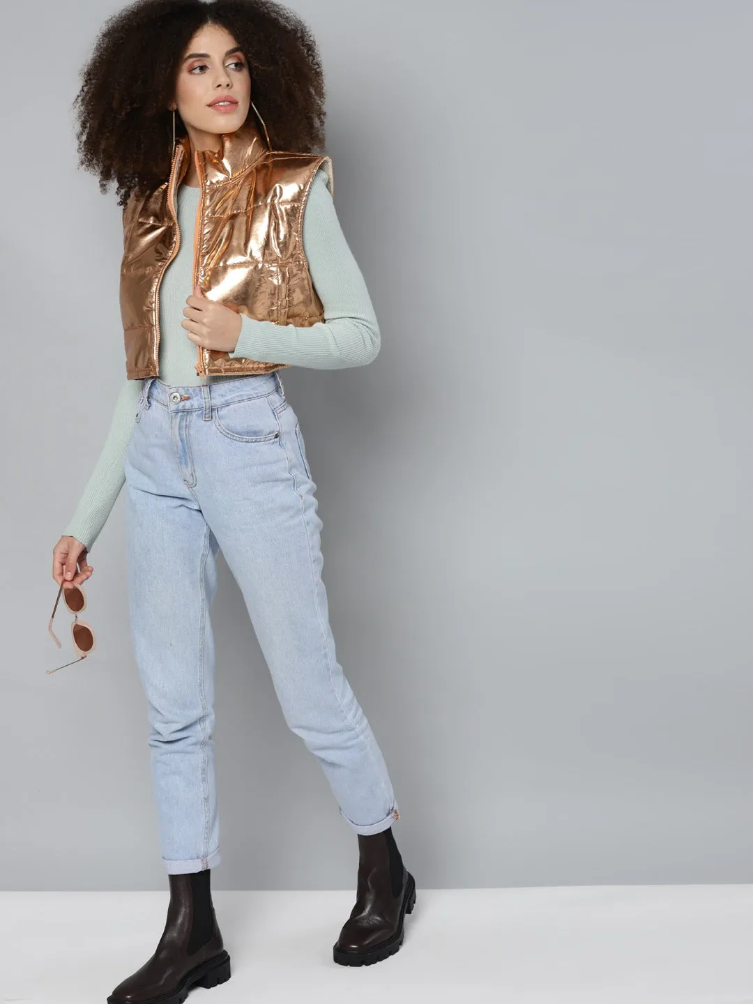 Copper Mettalic Sleeveless Puffer Crop Jacket