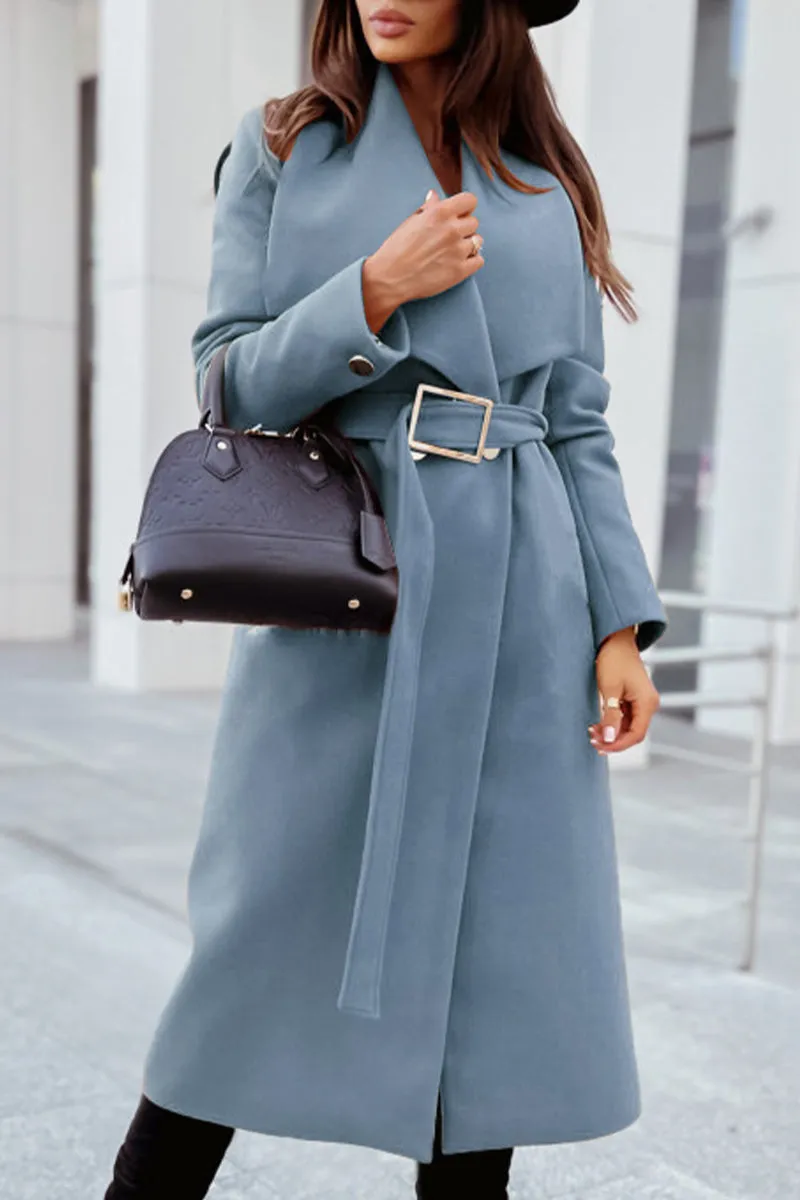 Elegant College Solid Pocket With Belt Turndown Collar Outerwear