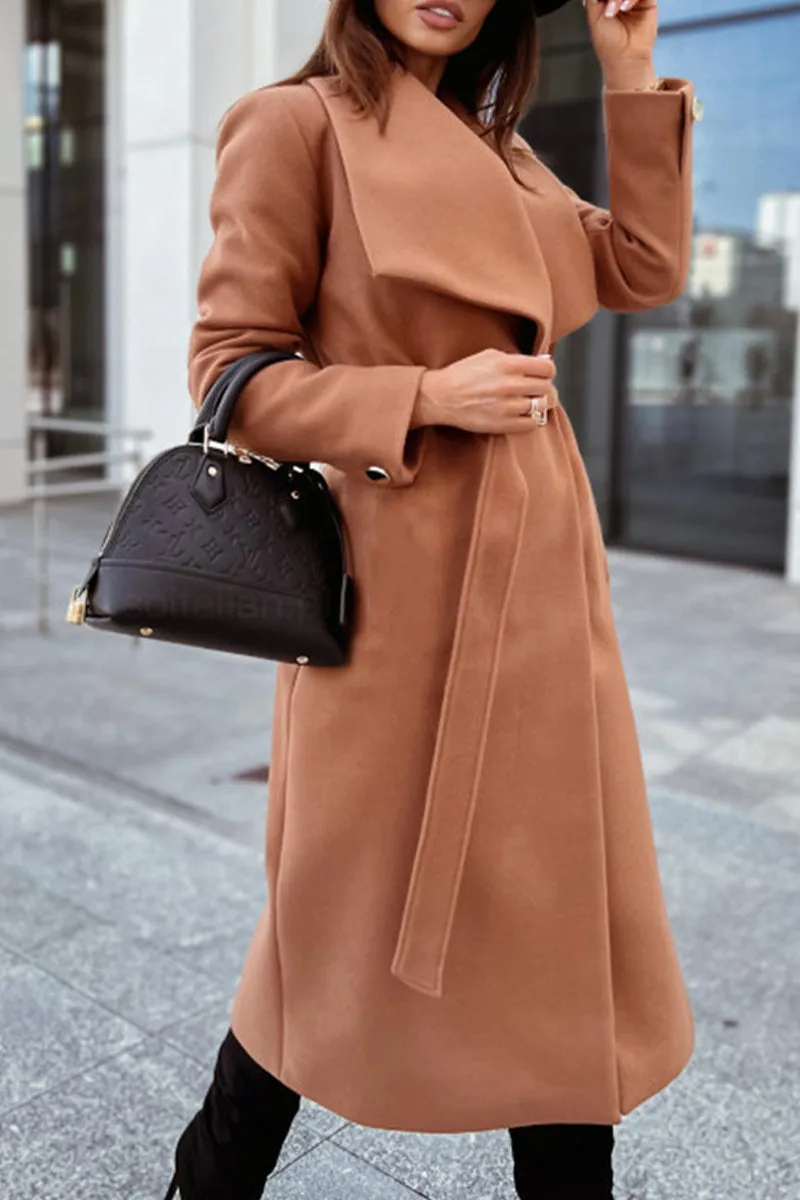 Elegant College Solid Pocket With Belt Turndown Collar Outerwear