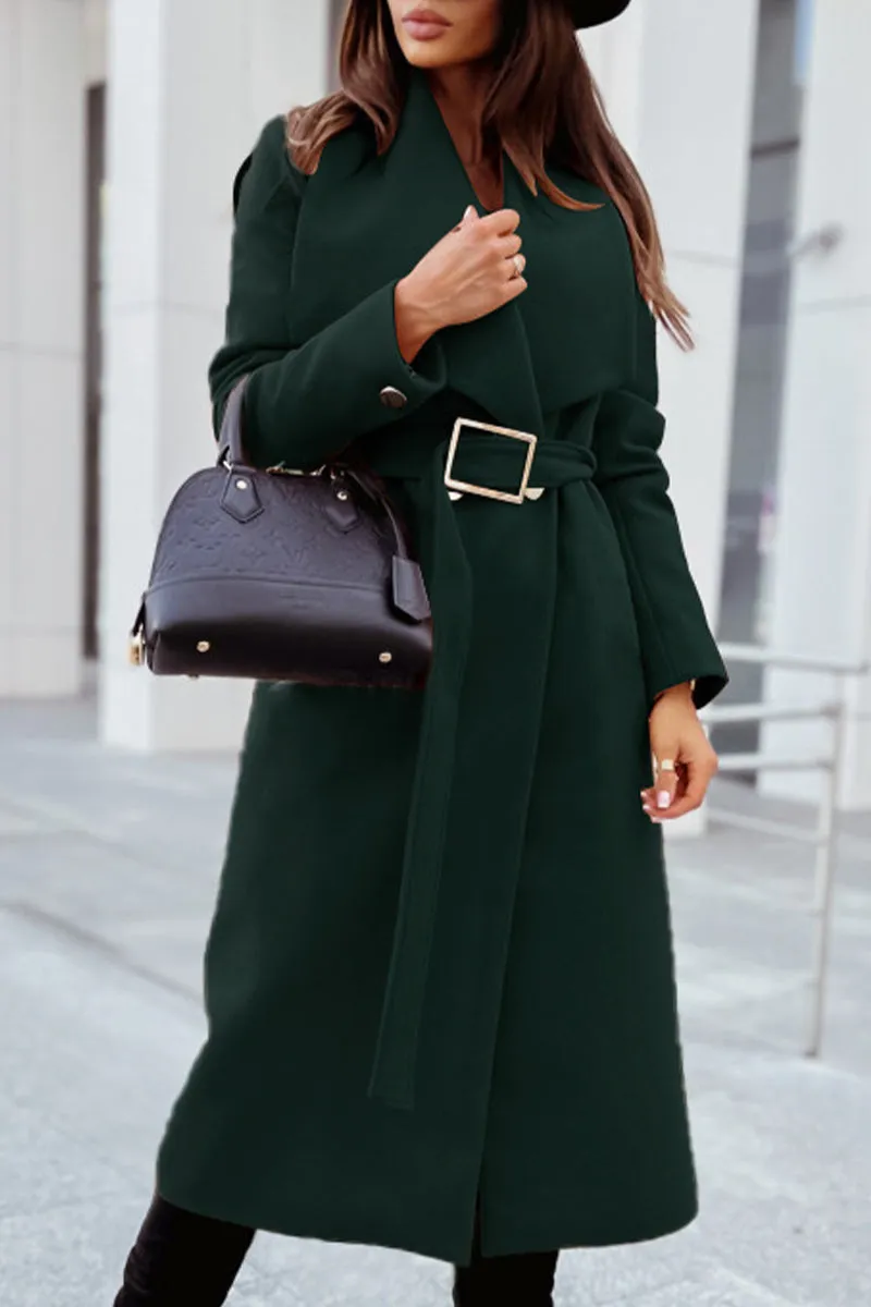 Elegant College Solid Pocket With Belt Turndown Collar Outerwear