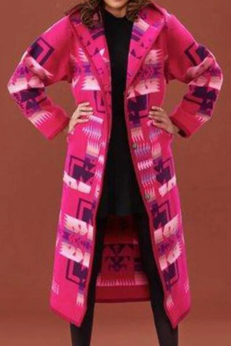 Elegant Geometric Printing Hooded Collar Outerwear