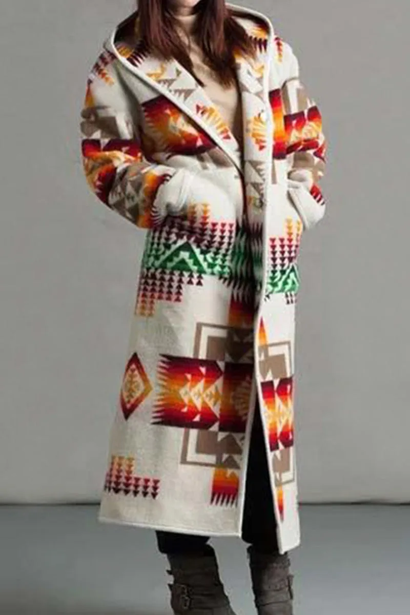 Elegant Geometric Printing Hooded Collar Outerwear