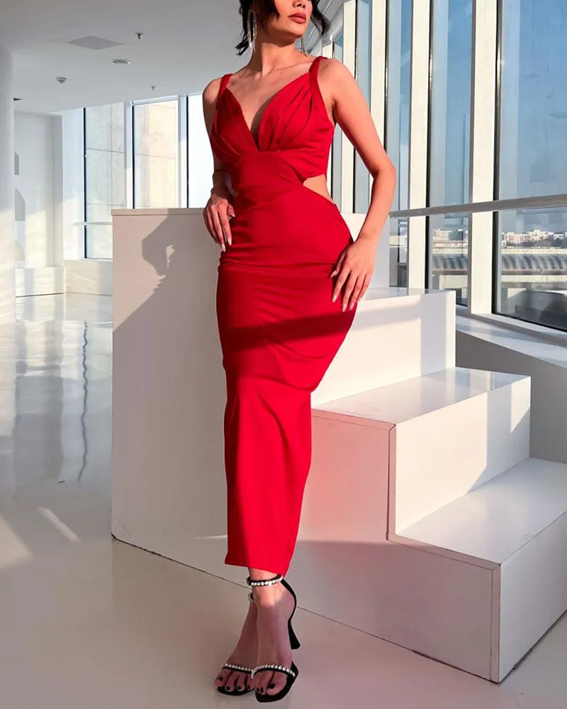 Elegant Red Sling Slim Dress