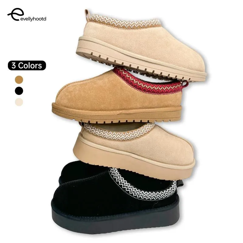 EVELLYHOOTD Braided Leather Outdoor Suede Slippers Women'S Mini Platform Boots with Fluffy Fur Lining Short Ankle Boots for Autumn Winter Warm Walking Shoes