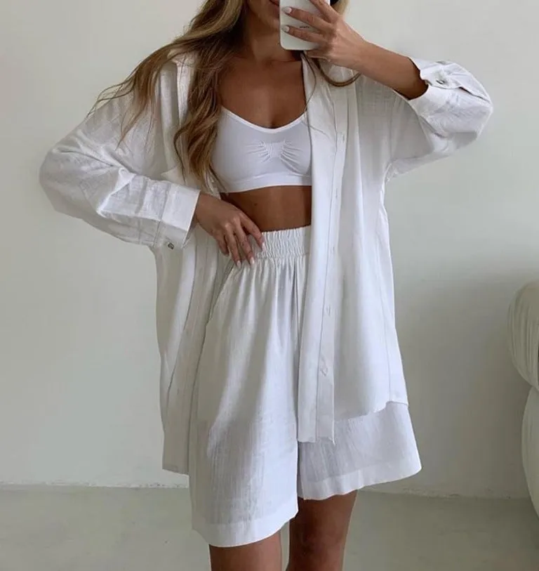 Fashion Solid Color Long Sleeves Shirt Loose Shorts Suit