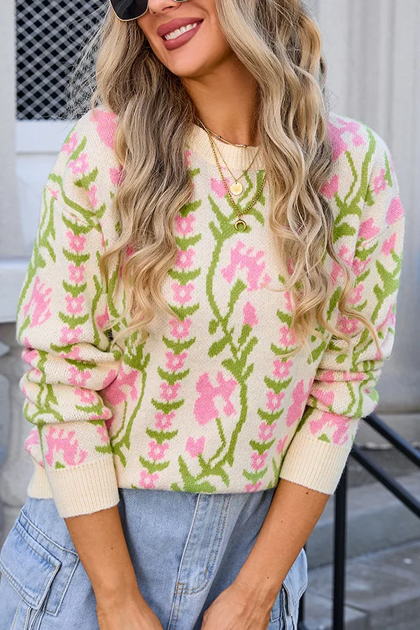 Fashionable Floral Knitted Crew Neck Casual Sweater