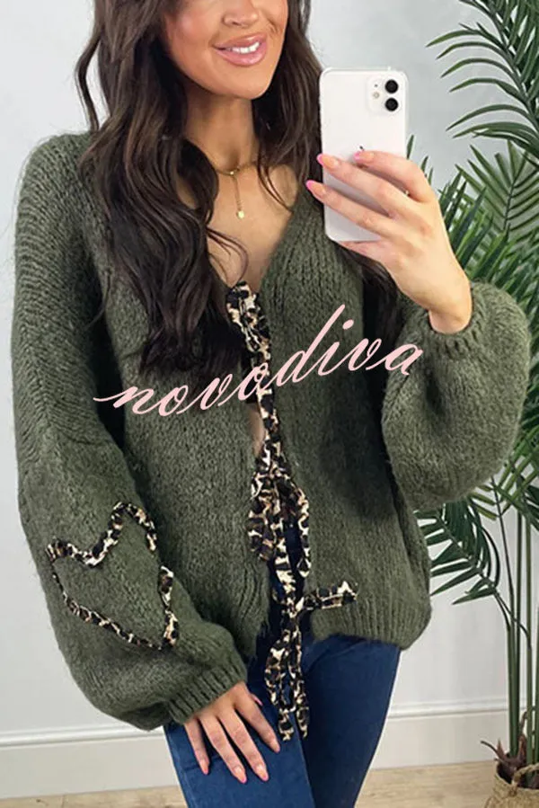 Fashionable Loose Long-sleeved Leopard Print Lace-up Knitted Sweater Cardigan