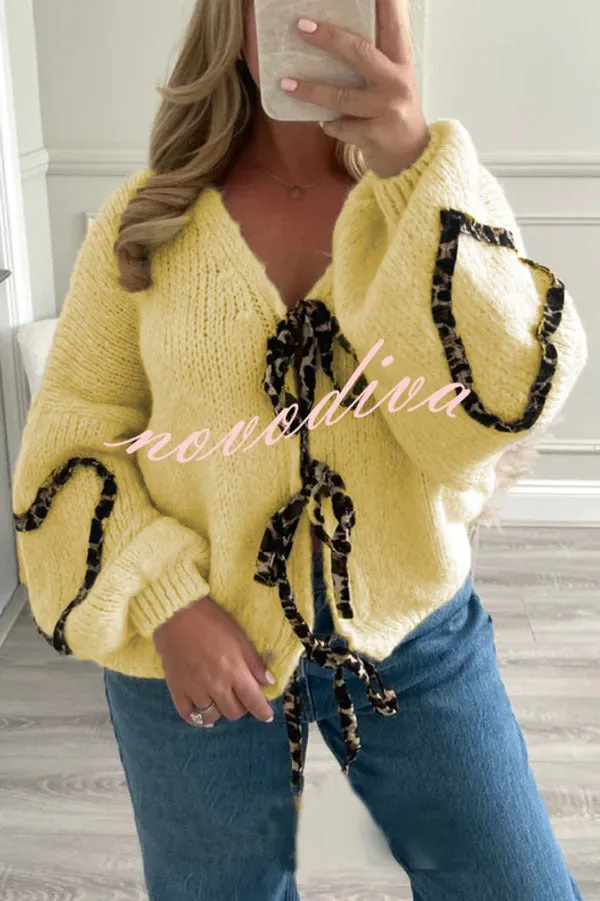 Fashionable Loose Long-sleeved Leopard Print Lace-up Knitted Sweater Cardigan