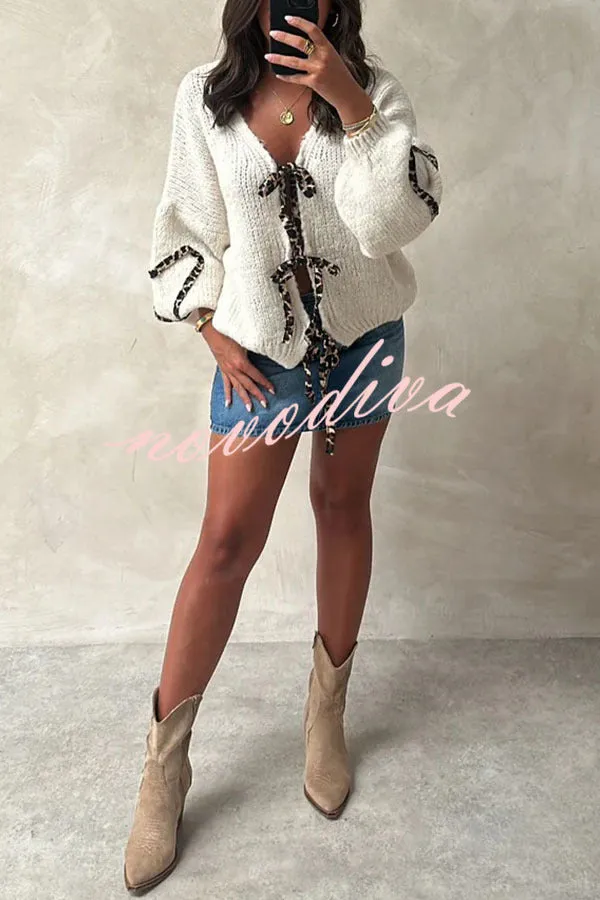 Fashionable Loose Long-sleeved Leopard Print Lace-up Knitted Sweater Cardigan