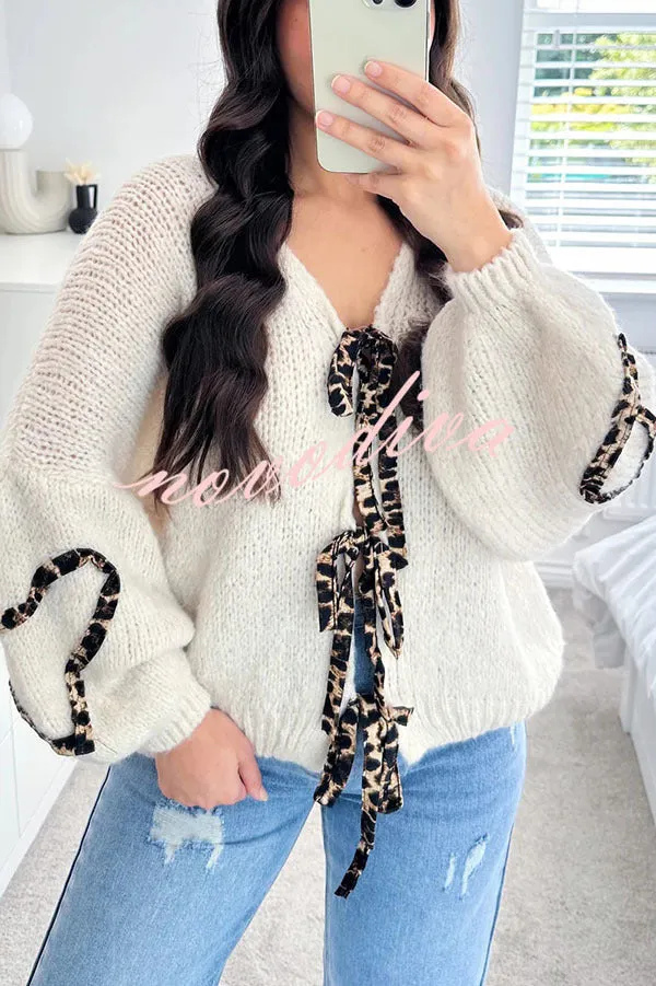 Fashionable Loose Long-sleeved Leopard Print Lace-up Knitted Sweater Cardigan