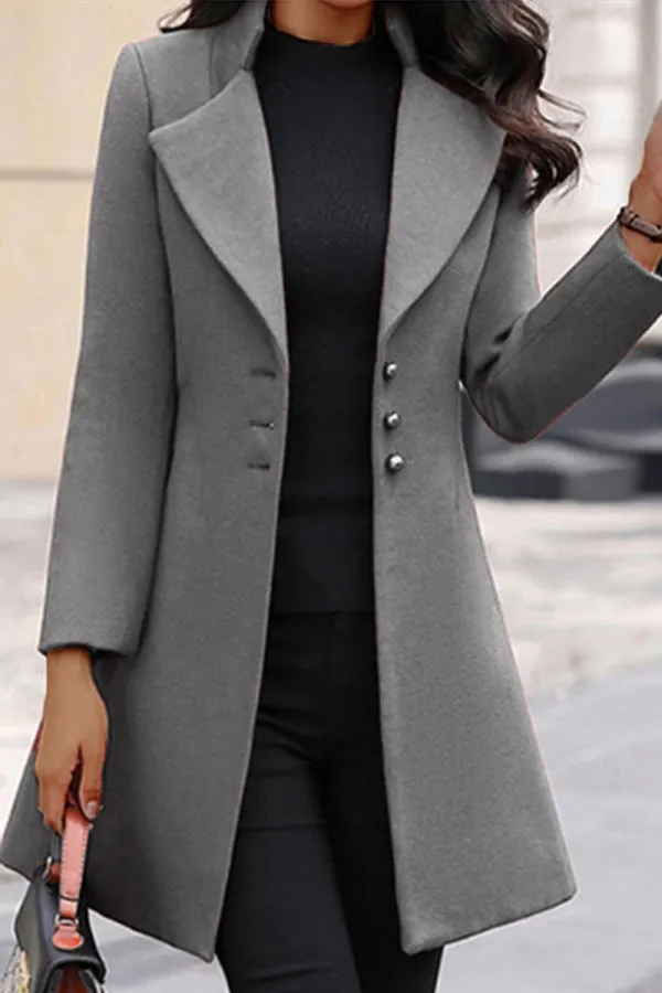 Fashionkova - Grey Elegant Solid Buttons Turn-back Collar Outerwear