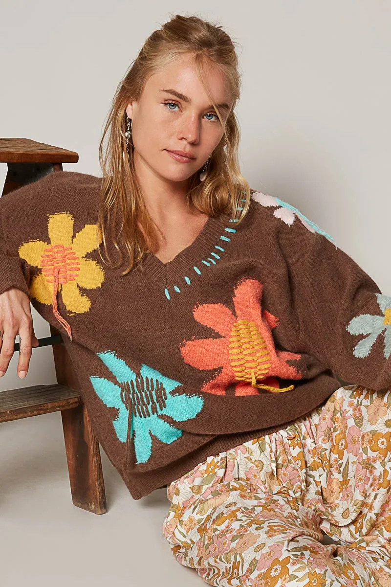 Flower V-Neck Pullover Sweater | POL