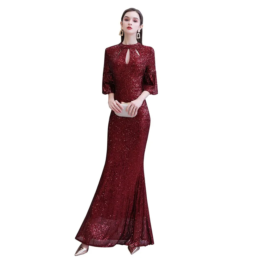 Glitter Half Sleeves Key hole Mermaid Party Dress Burgundy